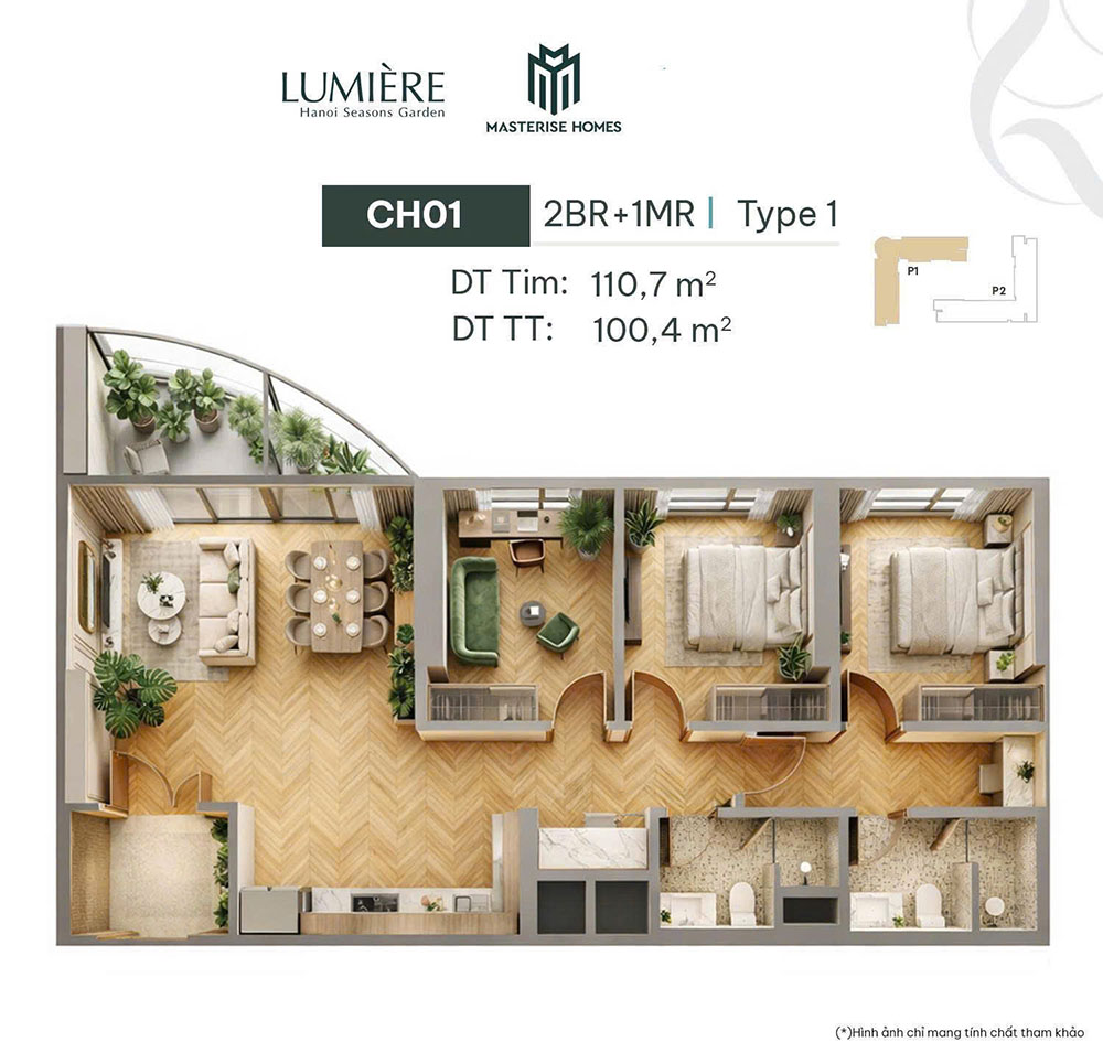 Mặt bằng căn hộ 2PN+1 100.4m2 Tòa P1 The Petal Hanoi Seasons Garden mat-bang-can-2pn-1-100.4m2-toa-p1-hanoi-seasons-garden
