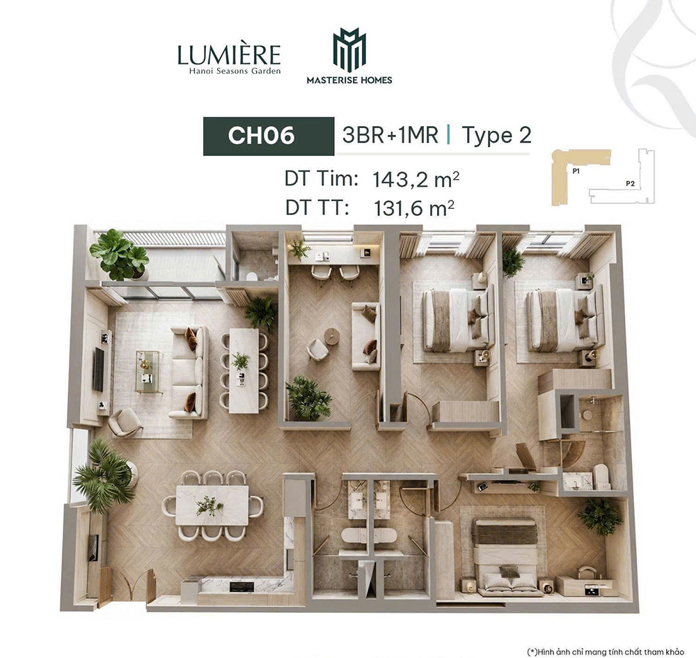 Mặt bằng căn hộ 3PN+1 131.6m2 Tòa P1 The Petal Hanoi Seasons Garden mat-bang-can-3pn-1-131.6m2-toa-p1-hanoi-seasons-garden